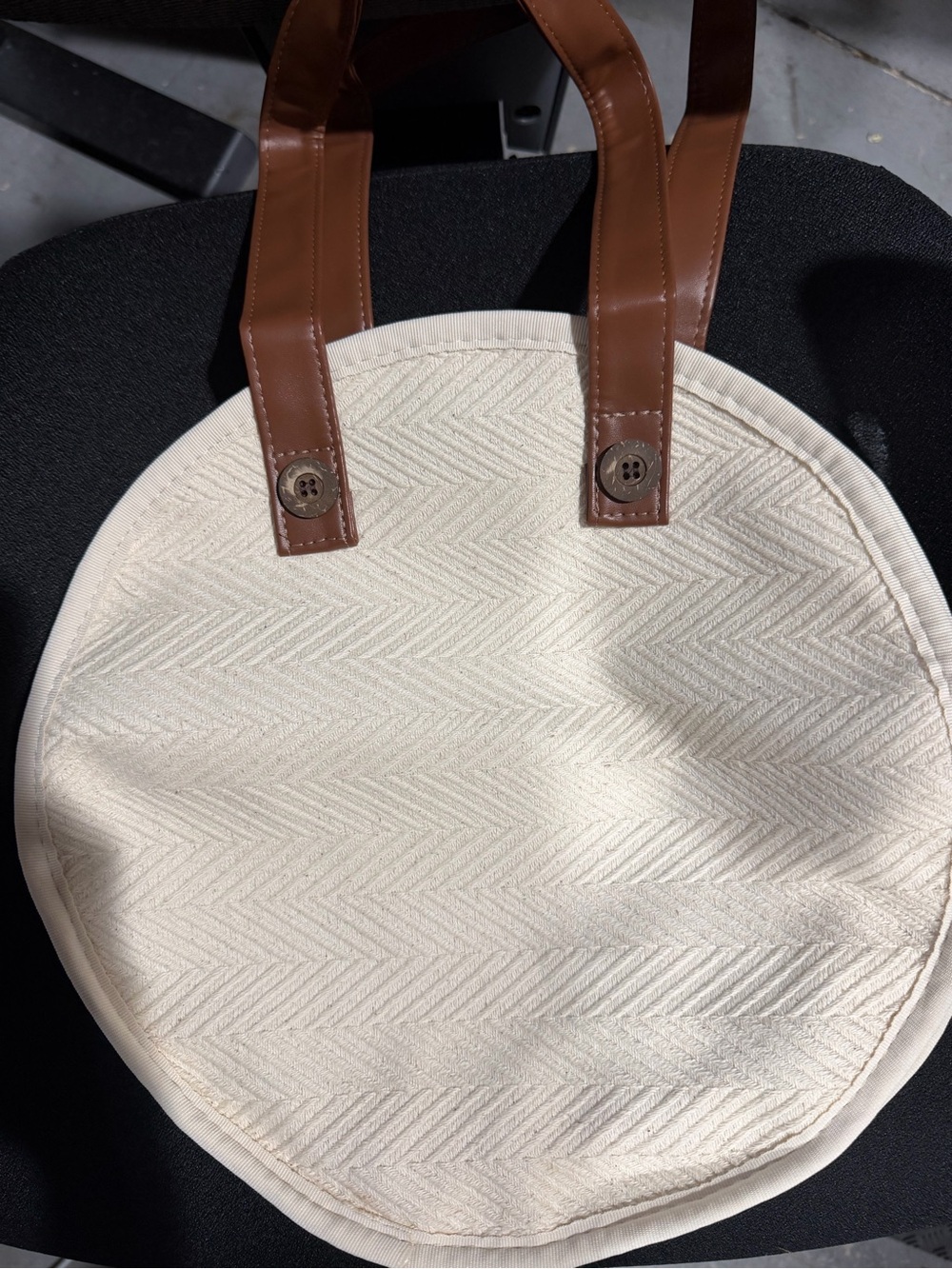 Round Cream Tote with Brown Handles - Casual Women’s Shoulder Bag - Picture 6 of 8